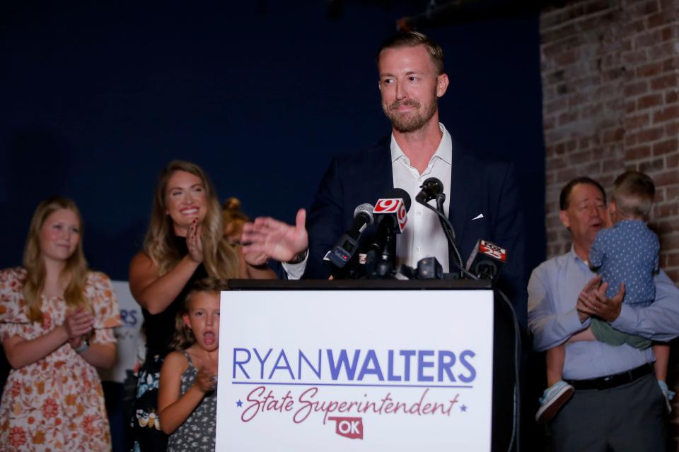 Ryan Walters speaks after winning the GOP primary runoff election for state superintendent during a watch party Aug. 23, 2022, in Oklahoma City.