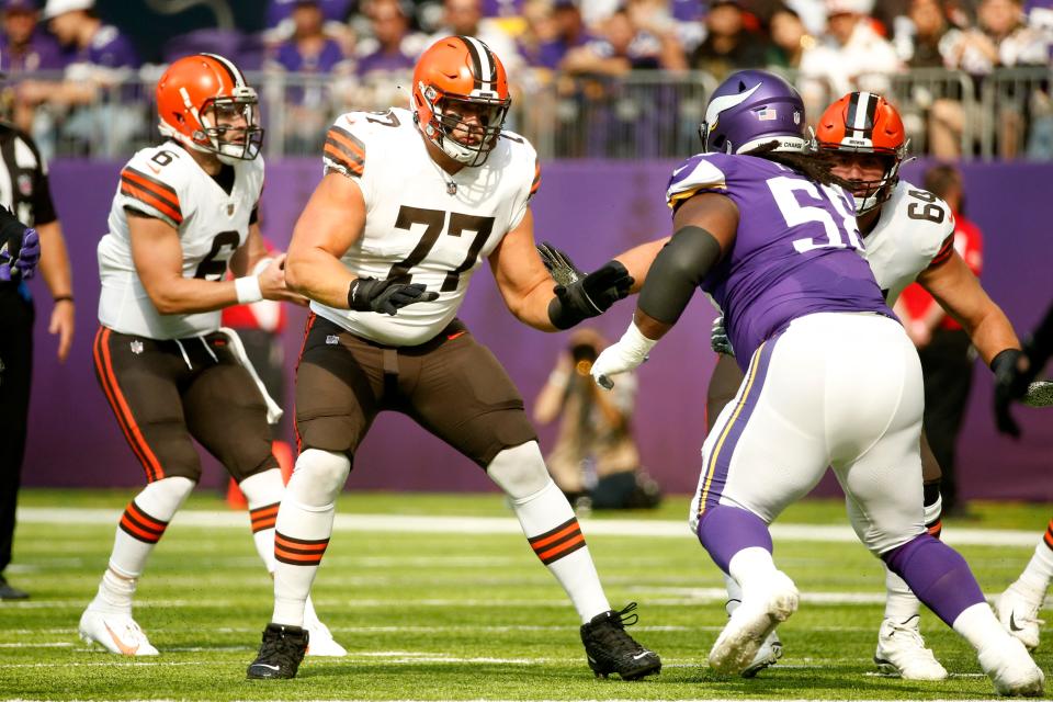 Cleveland Browns offensive guard Wyatt Teller (77) looks to make a block during the first half of an NFL football game against the Minnesota Vikings, Sunday, Oct. 3, 2021, in Minneapolis. (AP Photo/Bruce Kluckhohn)