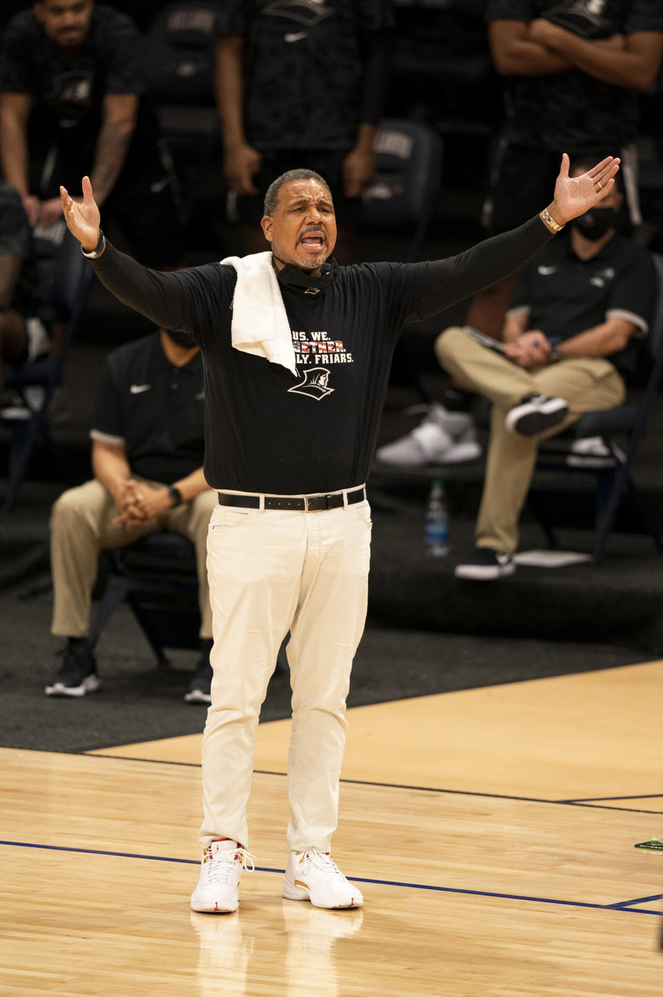 Providence head coach Ed Cooley reacts during the first half of an NCAA college basketball game against Villanova, Saturday, Jan. 23, 2021, in Villanova, Pa. (AP Photo/Chris Szagola)