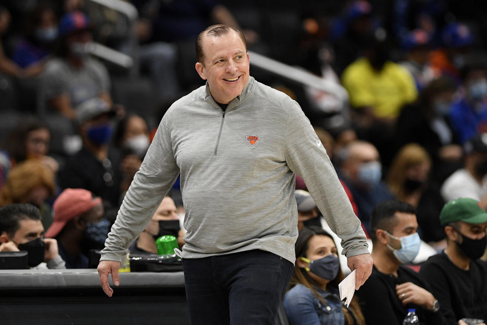 New York Knicks head coach Tom Thibodeau smiles during the second half of an NBA preseason basketball game against the Washington Wizards, Saturday, Oct. 9, 2021, in Washington. The Knicks won 117-99. (AP Photo/Nick Wass)