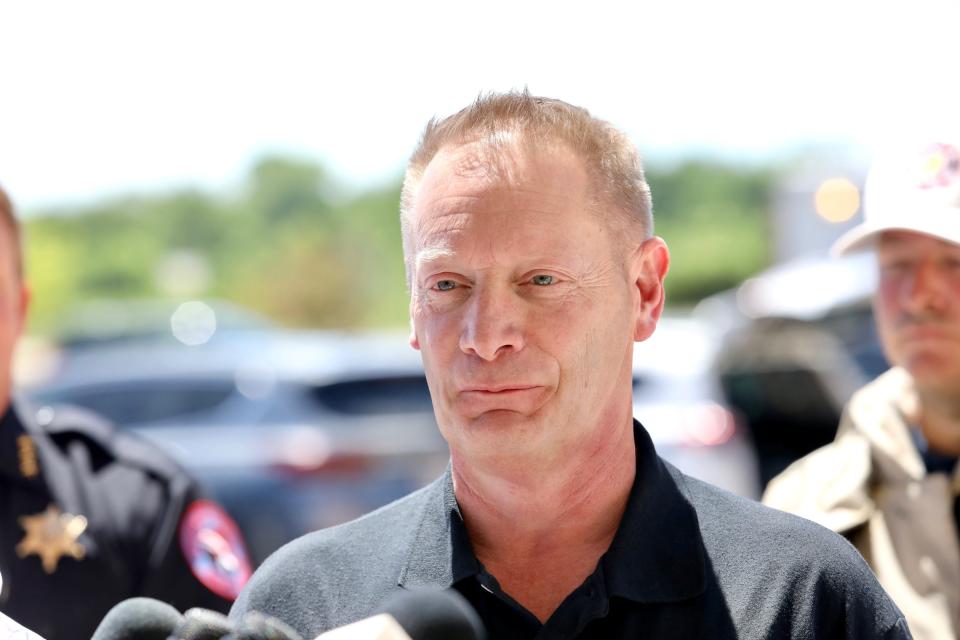 Rockton Village President John Peterson addresses media on Monday, June 14, 2021, outside a massive industrial fire at Chemtool in Rockton.