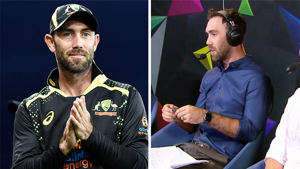 Glenn Maxwell (pictured left) applauds during a game and (pictured right) Maxwell speaks during Big Bash commentary.