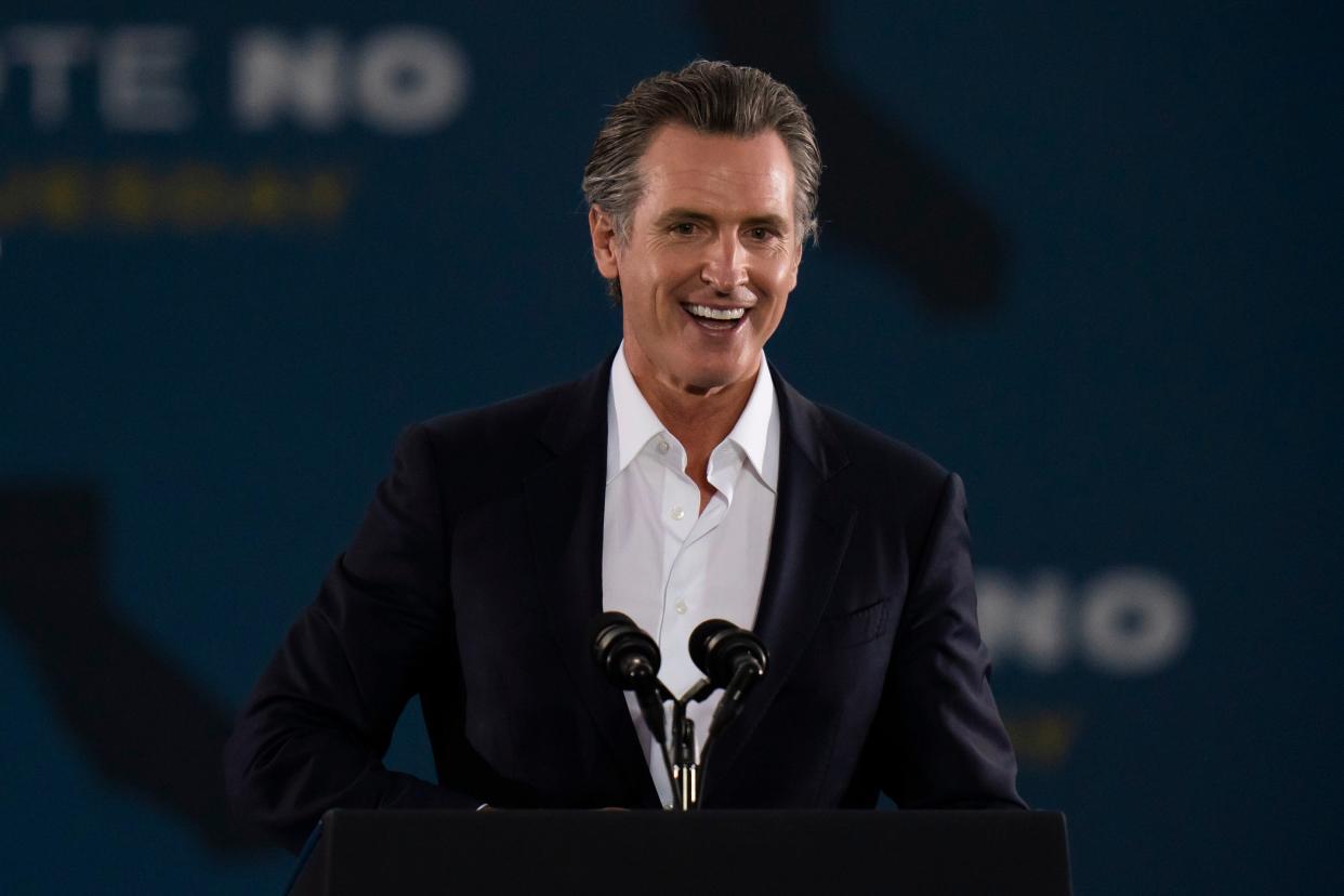 Gavin Newsom during a campaign stop in Long Beach, California, on 13 September, 2021 (AP)