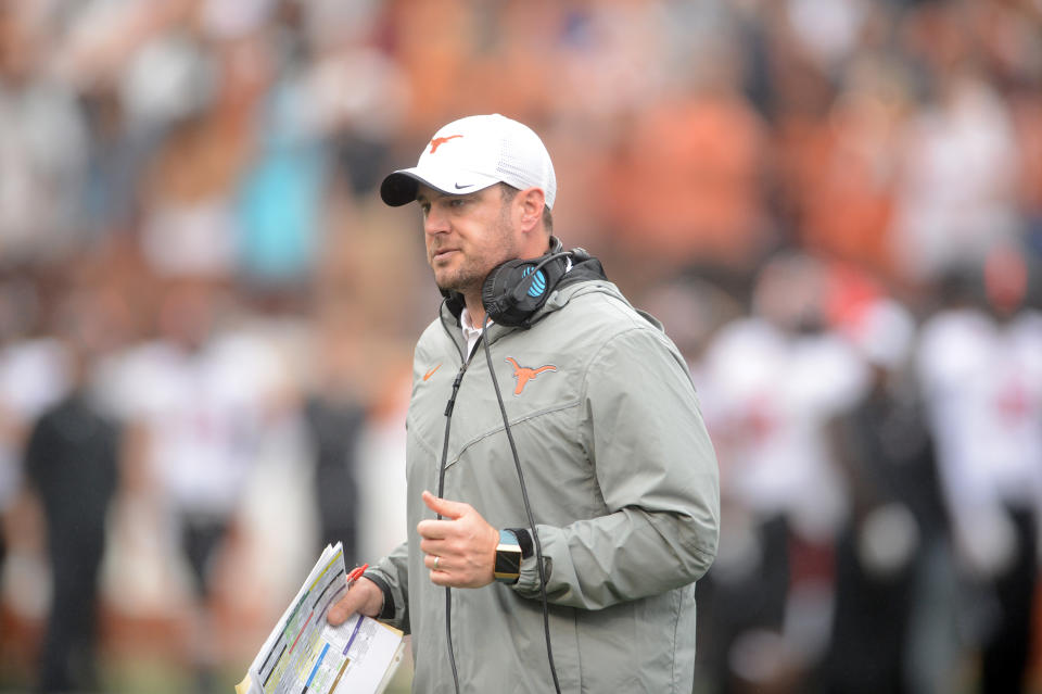 AUSTIN, TX - NOVEMBER 29: Texas Longhorns head coach Tom Herman watches action during game against the Texas Tech Red Raiders on November 29, 2019 at Darrell K Royal-Texas Memorial Stadium in Austin, Texas. (Photo by John Rivera/Icon Sportswire via Getty Images)