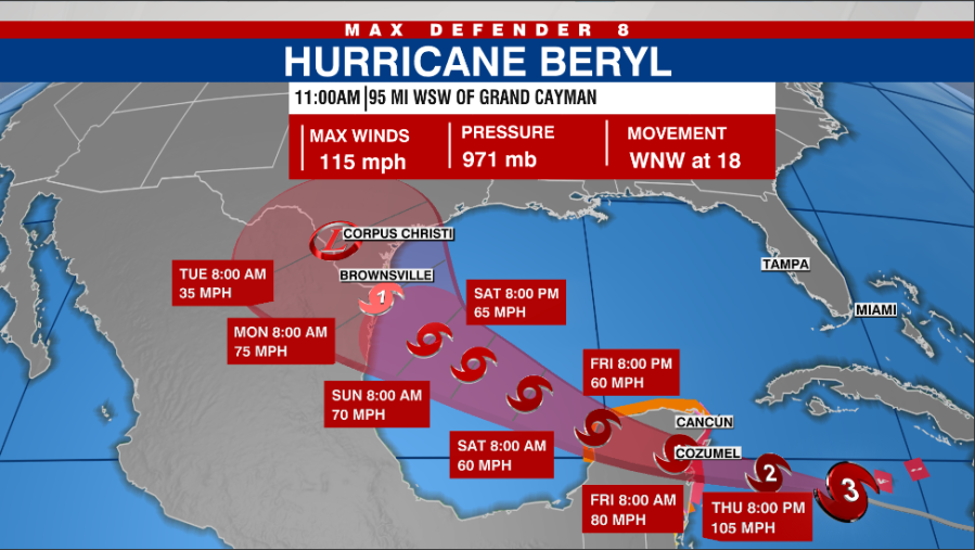 Hurricane Beryl weakens to Category 2storm as it nears Cayman Islands