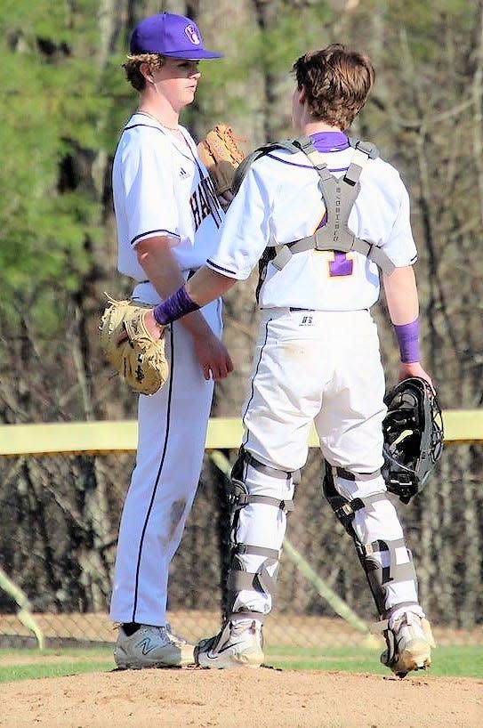 Marshwood senior catcher Henry Dimmerling, right, talks with sophomore pitcher Charile Hudson during Thursday's Class A South 6-4 win over Gorham.