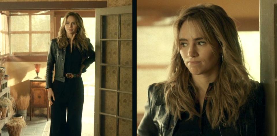 suki waterhouse wearing a denim jumpsuit and leather jacket in daisy jones and the six