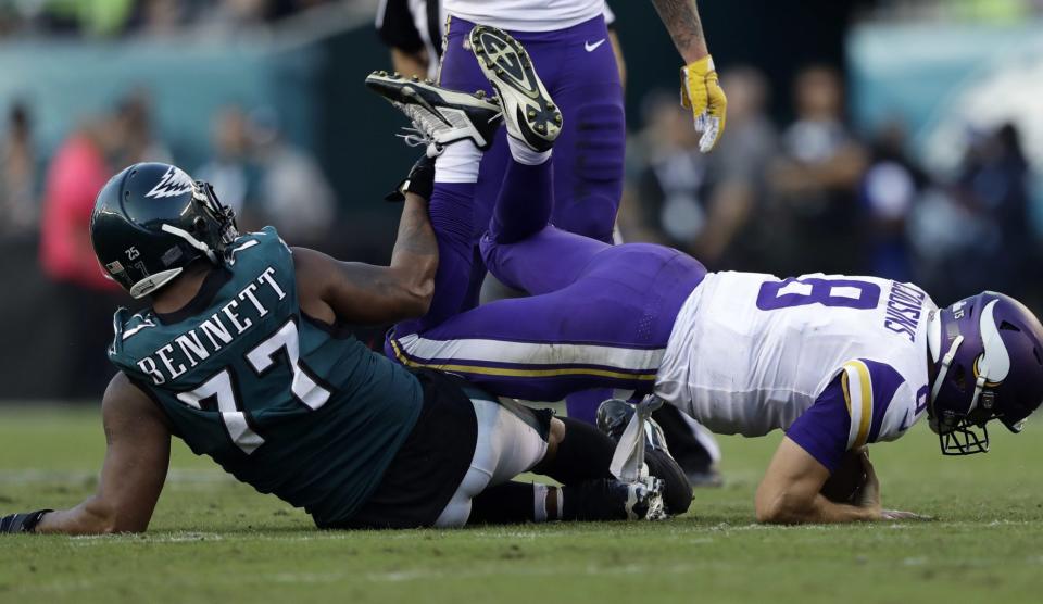 Michael Bennet and Eagles fans were not happy with a roughing call on a drive that ended with a Vikings touchdown. (AP)