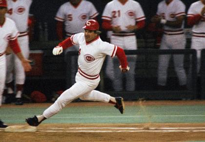 Pete Rose sprints to first during a game in 1985, but he can't run from the mess he's made. (AP)