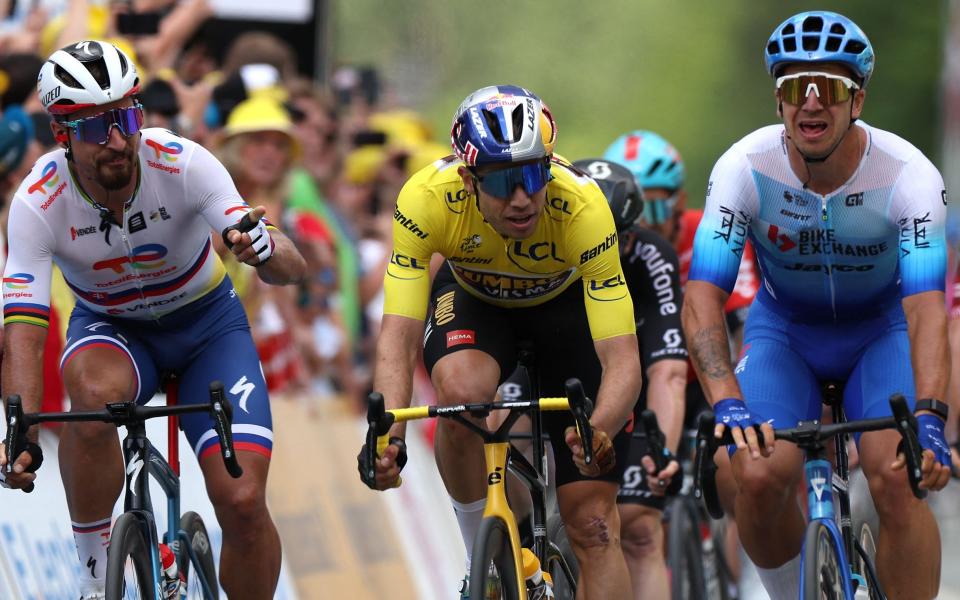 Peter Sagan (left), Wout van Aert (centre) and Dylan Groenewegen - Dylan Groenewegen completes comeback to win stage four at Tour de France - GETTY IMAGES