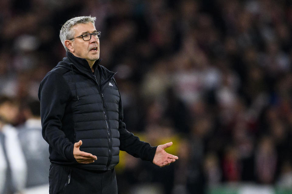 Union Berlin's head coach Urs Fischer gestures during the German Soccer Cup second round match between VfB Stuttgart and 1. FC Union Berlin in Stuttgart, Germany, Tuesday, Oct. 31, 2023. (Tom Weller/dpa via AP)