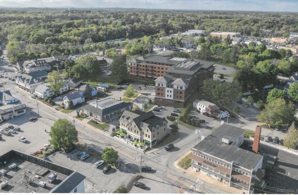 A three dimensional rendering shows an aerial view of a multi-use development proposed by Al Fleury. The project would bring a 94-unit apartment building, a boutique hotel and a cafe space to downtown Hampton.