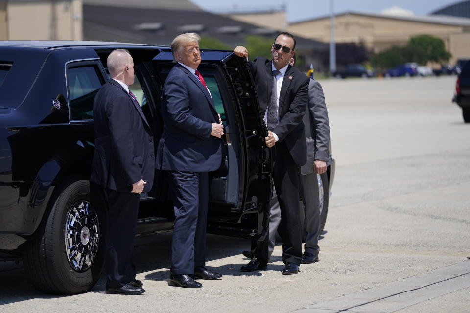 President Donald Trump exits a vehicle before boarding Air Force One for a trip to Wisconsin, Thursday, June 25, 2020, in Andrews Air Force Base, Md. (AP Photo/Evan Vucci)