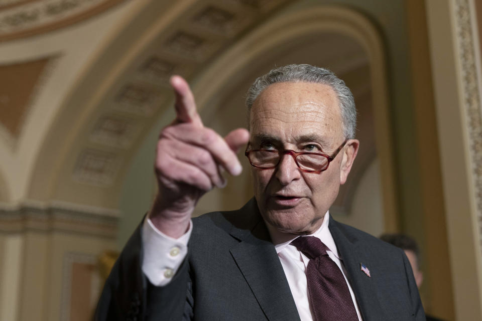 Senate Majority Leader Chuck Schumer of N.Y., calls on a reporter as he speaks after a Democratic policy luncheon, Tuesday, Oct. 19, 2021, on Capitol Hill in Washington. (AP Photo/Jacquelyn Martin)