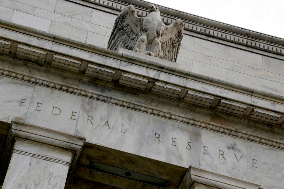 An eagle tops the U.S. Federal Reserve building's facade in Washington.