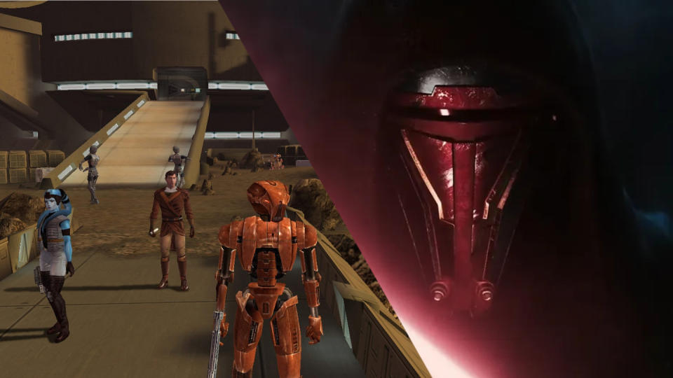 A desert planet in the original Knights of the Old Republic spliced with Darth Revan from the remake trailer