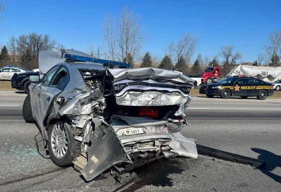 Ohio Highway Patrol Trooper Adrian Wilson's cruiser following a Feb. 13 crash on Interstate 71 northbound near U.S. 62 in the Grove City area of southwestern Franklin County. The patrol says Wilson's cruiser had its emergency lights on when it was struck from behind by a Toyota SUV and sent careening into Wilson, who was on foot outside his cruiser. Wilson was critically injured in the crash.