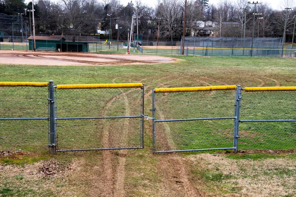 A vandal left tracks across a baseball field at Rocky Hills Ballfields in West Knoxville on Jan. 21.