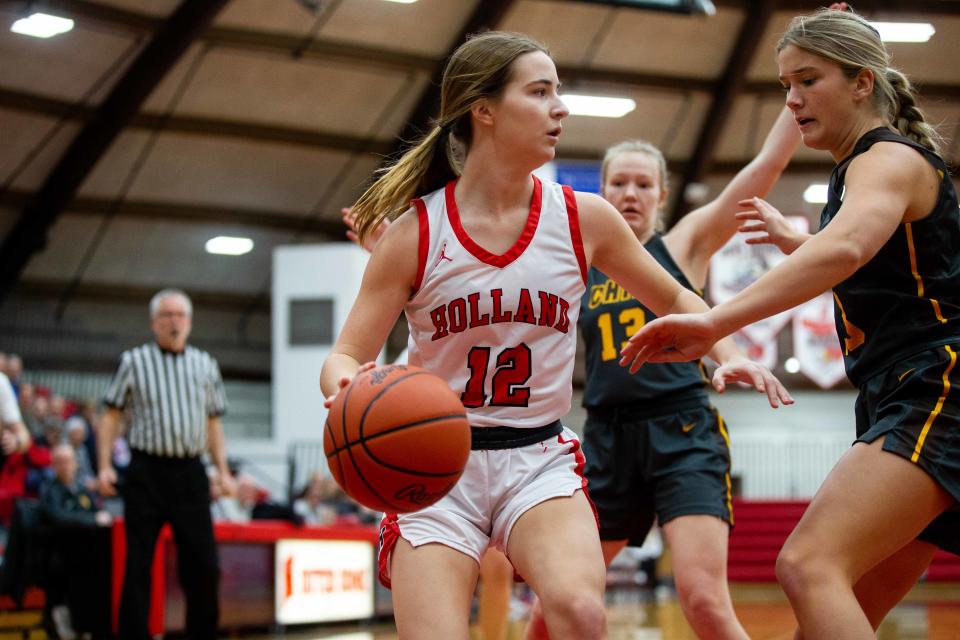 Holland's Hadleigh Hilgert takes the ball down the court as she looks for an open teammate during a game against Zeeland East Friday, Feb. 10, 2023, at Holland High School. 