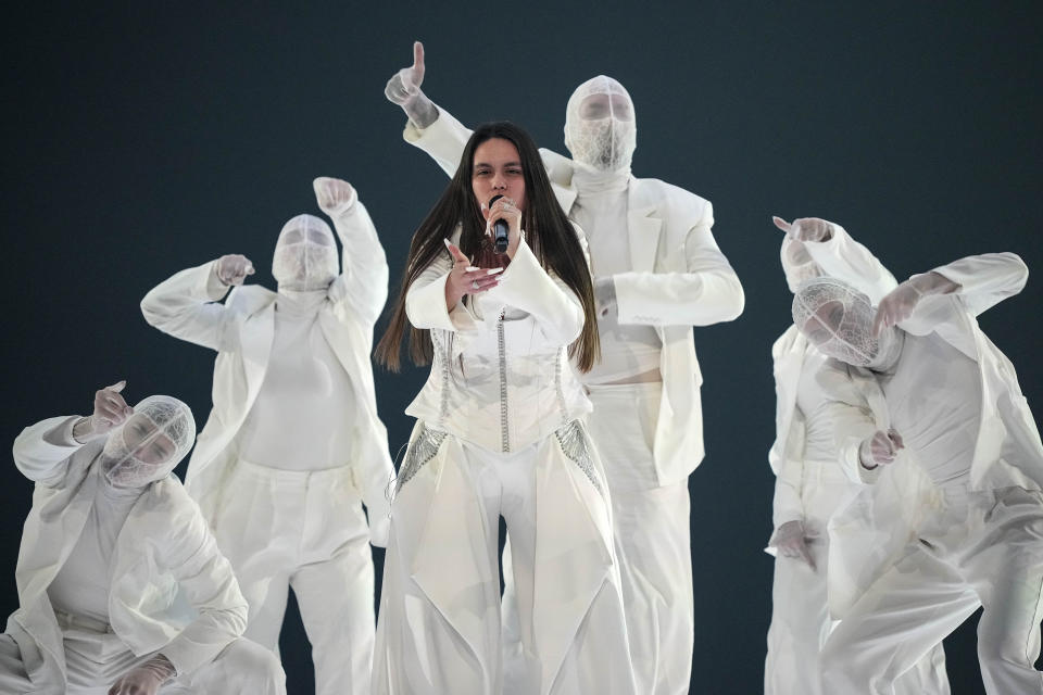 iolanda of Portugal performs the song Grito during the dress rehearsal for the final at the Eurovision Song Contest in Malmo, Sweden, Friday, May 10, 2024. (AP Photo/Martin Meissner)