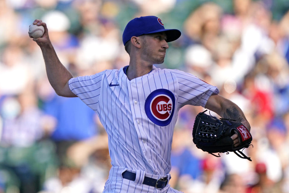 Chicago Cubs starting pitcher Zach Davies throws against the St. Louis Cardinals during the first inning of a baseball game in Chicago, Sunday, June 13, 2021. (AP Photo/Nam Y. Huh)