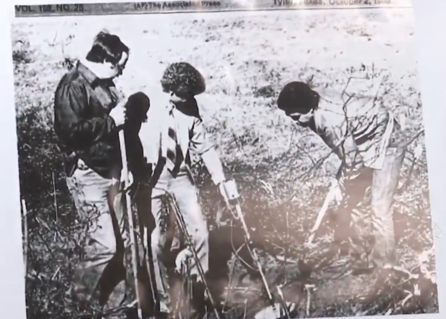 <em>Detective David Turner and investigators search the area where Crow was found in 1985. </em>