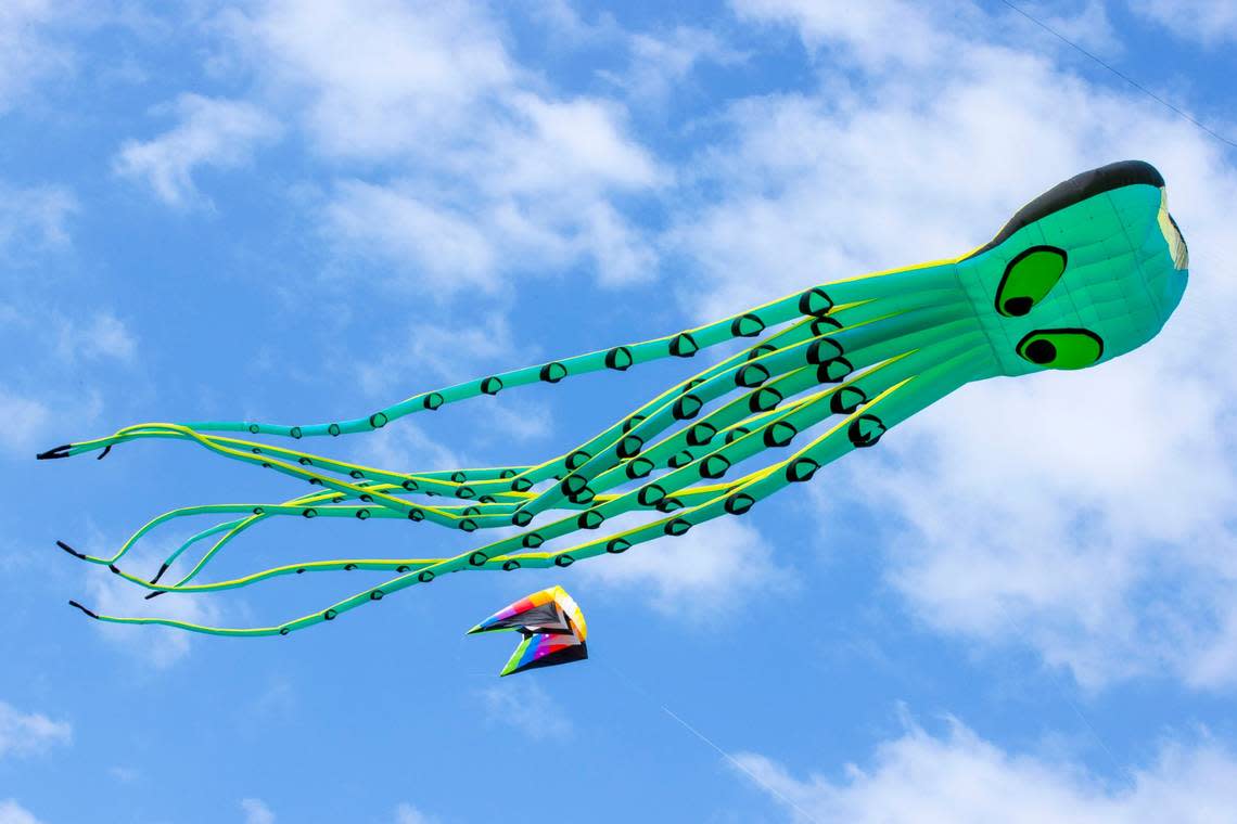 Numerous colorful kites including dozens of giant show kites fly the skies like giant squids and even a whale on Presidents’ Day during the 2022 Kite Festival at Haulover Park in Miami Beach, Florida, on Monday, February 21, 2022.