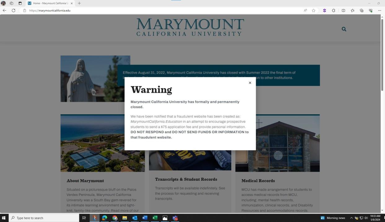 This screenshot of the current Marymount California University's website displays a warning about the replica website. That copycat site came down during USA TODAY's reporting.