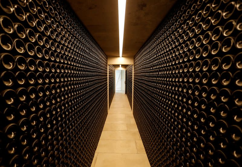 FILE PHOTO: Bottles of red wine are seen in the cellar of Chateau Le Puy in Saint Cibard