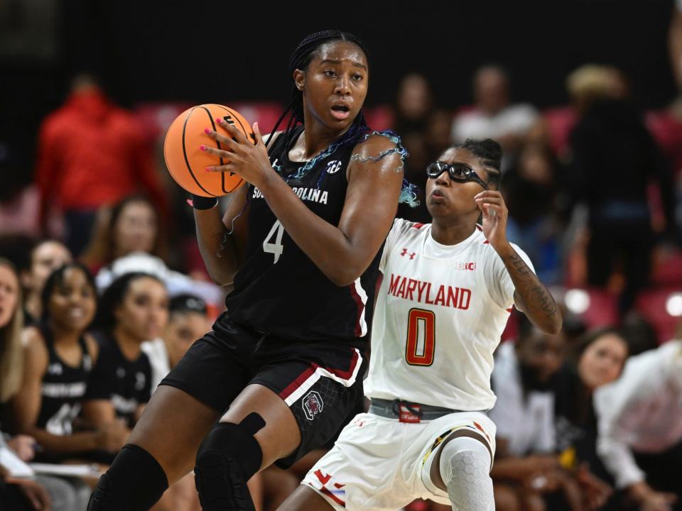 Aliyah Boston looks to drive against a Maryland defender.