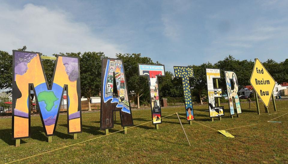 "Black Lives Do Matter" installation by Wilmington artist Greyson Davis/Haji P/HP Fangs, along Third Street by the Isabel Holmes Bridge.