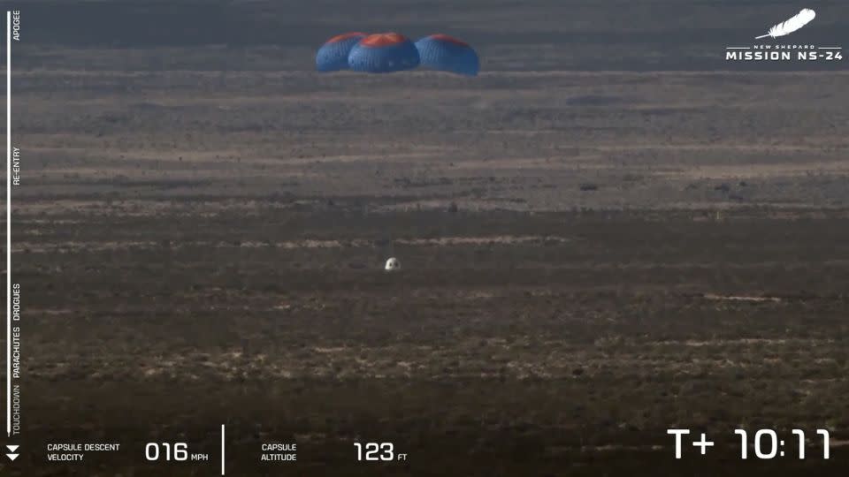 Parachutes slowed the capsule's return to Earth for a safe landing. - Blue Origin