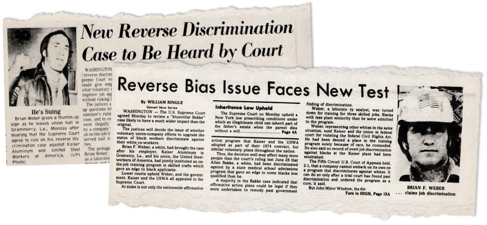 Brian Weber's reverse discrimination case going before the Supreme Court made headlines across the country, including in The Muncie (Indiana) Star Press, left, and The Burlington (Vermont) Free Press, Dec.12, 1978.