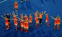 Team Netherlands celebrate their 2-0 victory over team Argentina after the Women's Hockey gold medal match on Day 14 of the London 2012 Olympic Games at Hockey Centre on August 10, 2012 in London, England. (Getty Images)