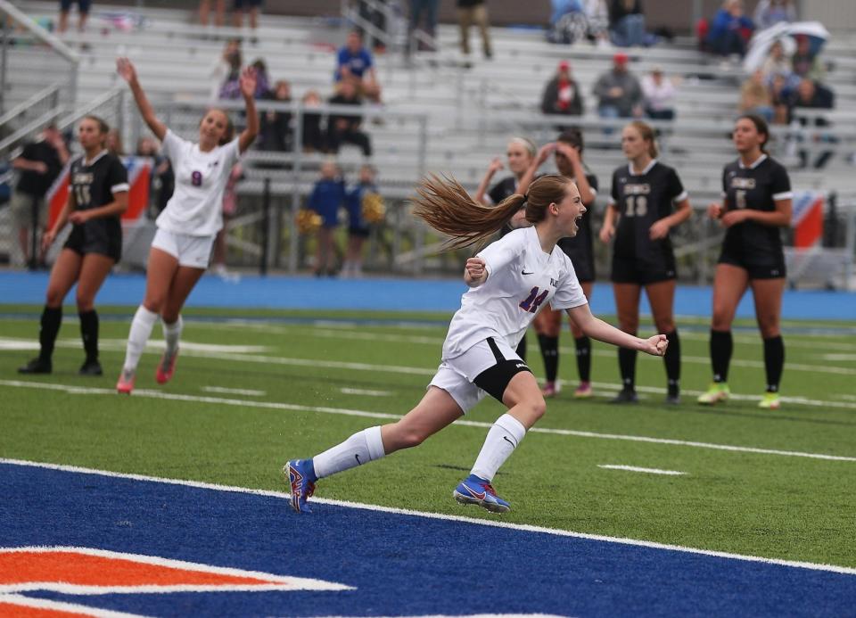 Pleasant Plains' Kendall Sims celebrates the go-ahead penalty kick during the second half of the Class 1A Riverton Sectional girls soccer final on Friday, May 19, 2023. Plains won 1-0.