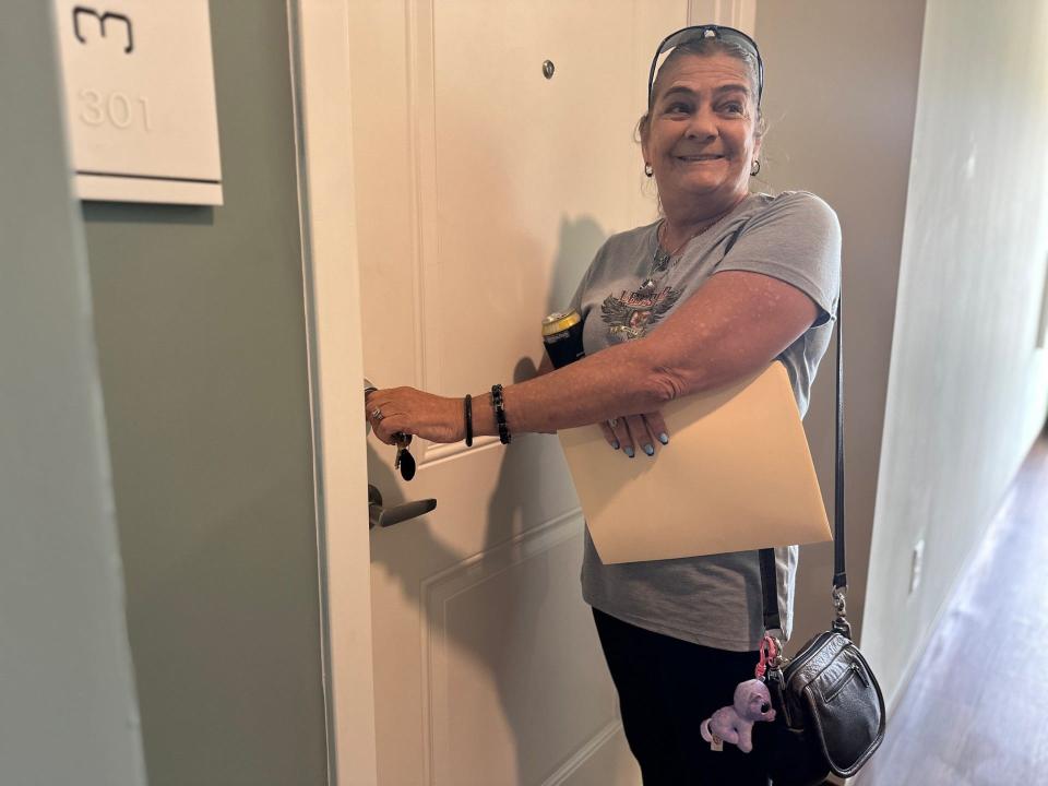 New Greenlawn Manor resident Aida Sacca during her move-in day at the new senior affordable housing facility in New Smyrna Beach, Tuesday, May 8, 2024.