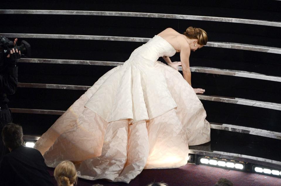 Jennifer Lawrence takes a tumble in 2013.