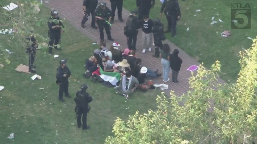 Dozens of demonstrators being detained and arrested during a pro-Palestinian protest at USC on April 24, 2024. (KTLA)