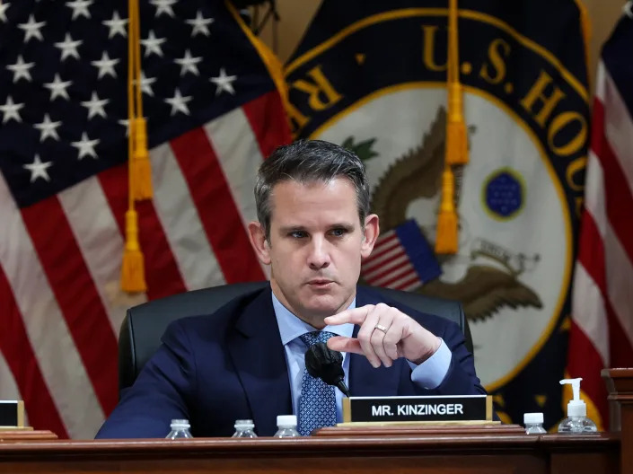 WASHINGTON, DC - JUNE 23: U.S. Rep. Adam Kinzinger (R-IL) delivers remarks during the fifth hearing by the House Select Committee to Investigate the January 6th Attack on the U.S. Capitol in the Cannon House Office Building on June 23, 2022 in Washington, DC. The bipartisan committee, which has been gathering evidence for almost a year related to the January 6 attack at the U.S. Capitol, is presenting its findings in a series of televised hearings. On January 6, 2021, supporters of former President Donald Trump attacked the U.S. Capitol Building during an attempt to disrupt a congressional vote to confirm the electoral college win for President Joe Biden. (Photo by Win McNamee/Getty Images)