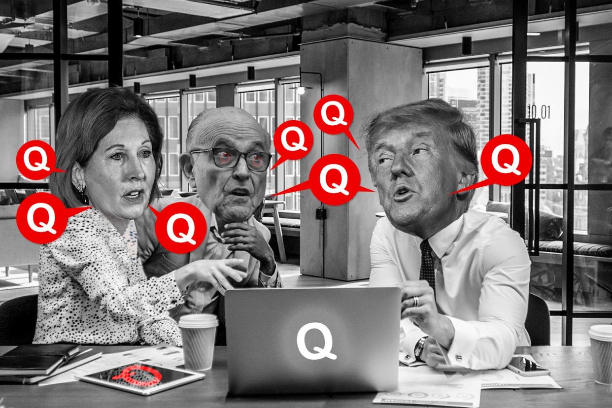 A photo illustration of Donald Trump and lawyers Rudy Giuliani and Sidney Powell looking at a computer; in the image, the letter Q shows up on the computer, in dialogue bubbles, and on a notepad.