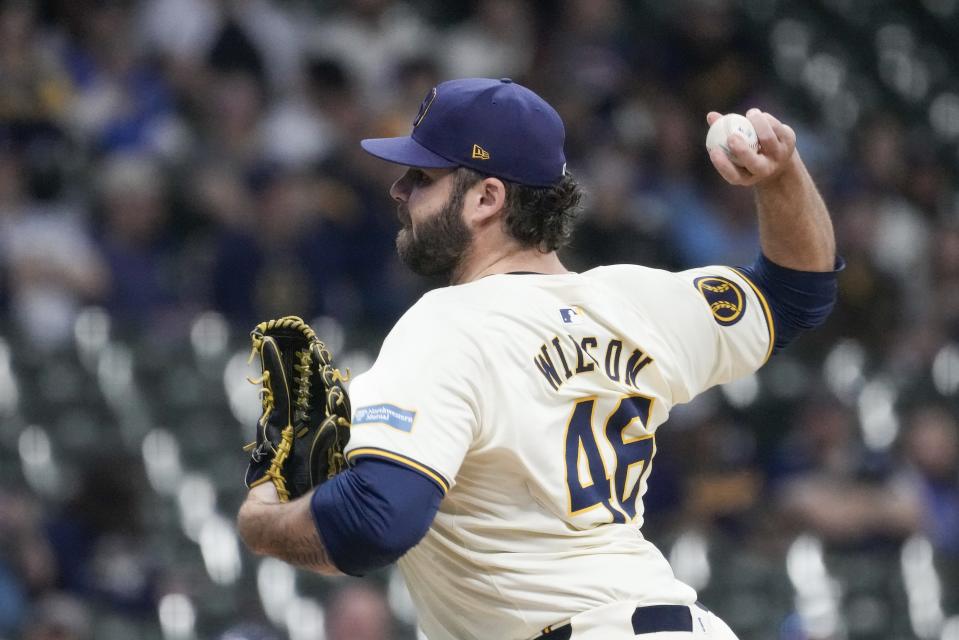 Milwaukee Brewers pitcher Bryse Wilson throws during the first inning of a baseball game against the Tampa Bay Rays Monday, April 29, 2024, in Milwaukee. (AP Photo/Morry Gash)