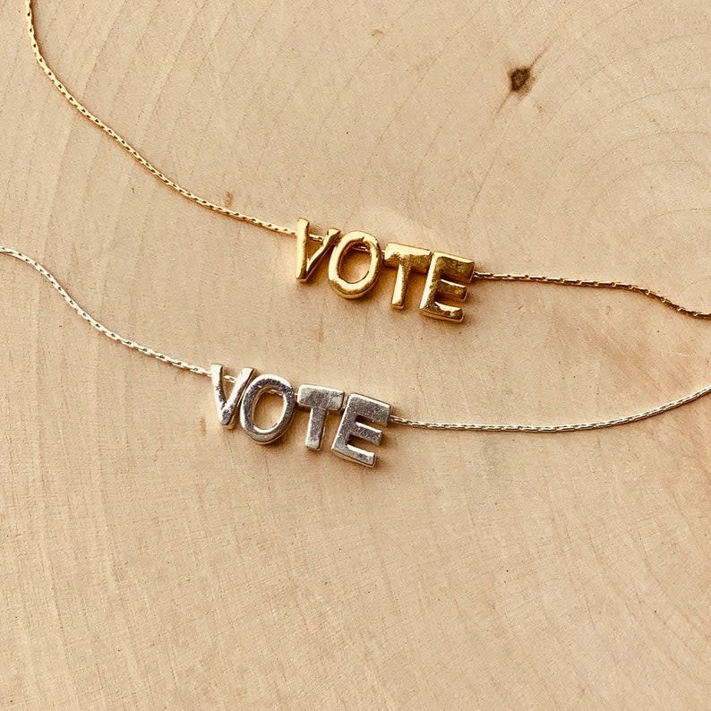 Half Full LA 18k Gold Vermeil Or Sterling Silver VOTE Necklace (Photo: Etsy)