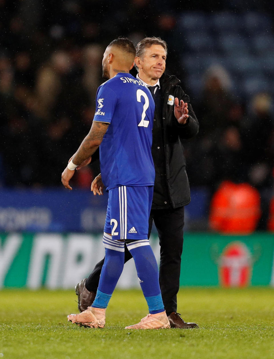 Soccer Football – Carabao Cup Quarter-Final – Leicester City v Manchester City – King Power Stadium, Leicester, Britain – December 18, 2018 Leicester City manager Claude Puel and Danny Simpson react after the match REUTERS/Darren Staples EDITORIAL USE ONLY. No use with unauthorized audio, video, data, fixture lists, club/league logos or “live” services. Online in-match use limited to 75 images, no video emulation. No use in betting, games or single club/league/player publications. Please contact your account representative for further details.