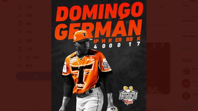 洋基投手赫曼（Domingo German）多明尼加冬季聯盟出賽4投球無安打送出7K。（圖／翻攝自Bronx Bombers News推特）