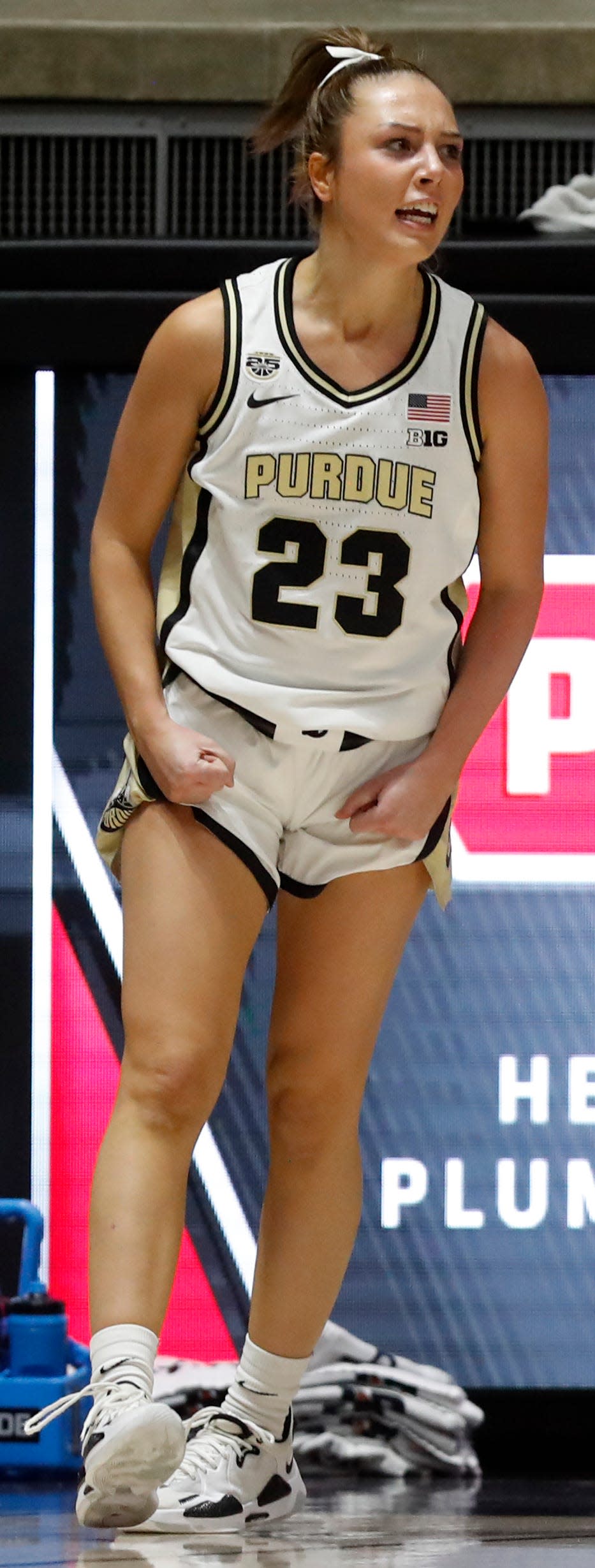 Purdue Boilermakers guard Abbey Ellis (23) reacts after scoring during of the NCAA women’s basketball game against the Iowa Hawkeyes, Wednesday, Jan. 10, 2024, at Mackey Arena in West Lafayette, Ind.