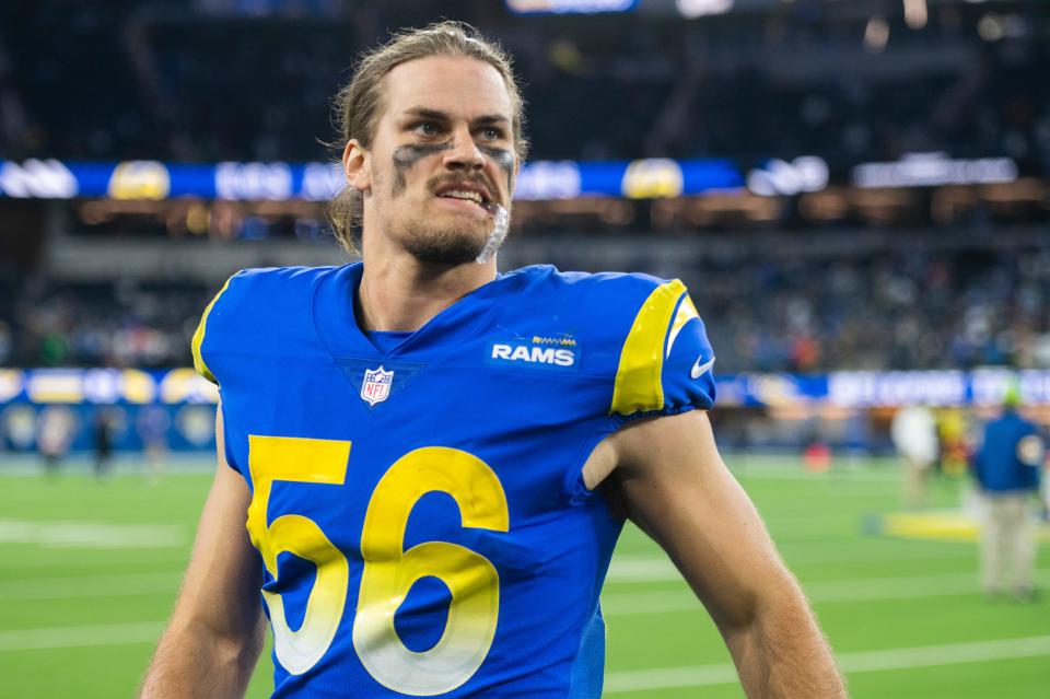 Los Angeles Rams linebacker Christian Rozeboom (56) walks back to the locker room after an NFL football game against the Seattle Seahawks Tuesday, Dec. 21, 2021, in Inglewood, Calif.