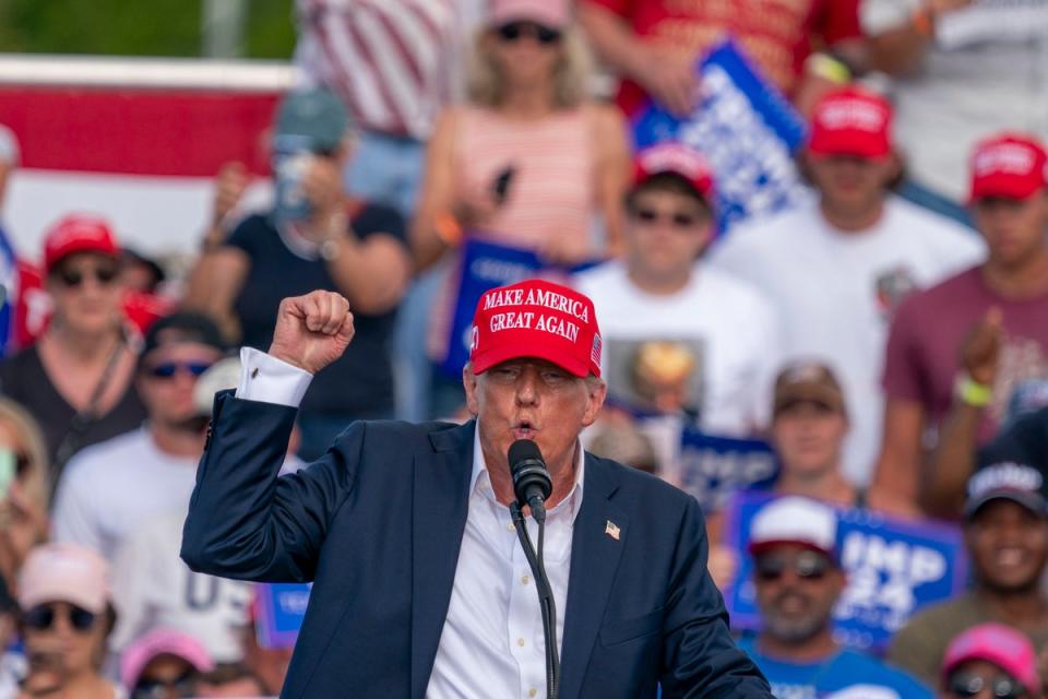 Donald Trump speaks at a rally on June 28 in Virginia, where he called ‘nuclear warming’ a greater threat than the climate crisis. (EPA)