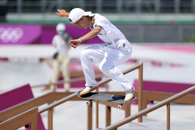 Sora Shirai of Team Japan competes at the Skateboarding Men's Street Prelims. (Photo: Dan Mullan via Getty Images)