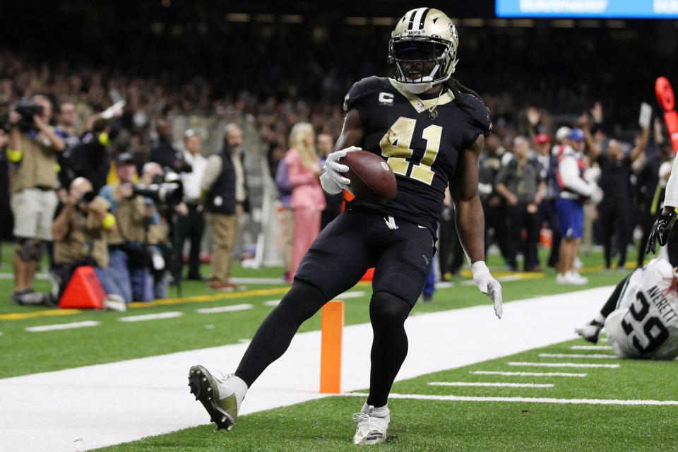 Saints running back Alvin Kamara had zero touchdowns entering Week 8 against the Raiders, when he scored three times -- once rushing and twice on receptions.