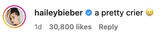 Instagram comment by user haileybieber with a text: "a pretty crier" and a winking face emoji, showing over 30,800 likes